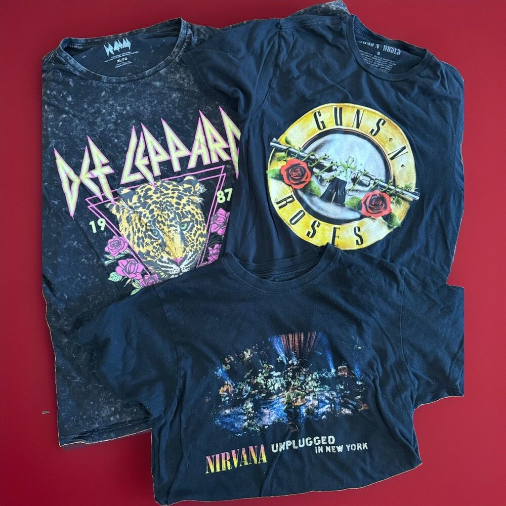 BUNDLE OF THREE (3) Band Tshirts Def Leppard, Nirvana & Guns N Roses GUC